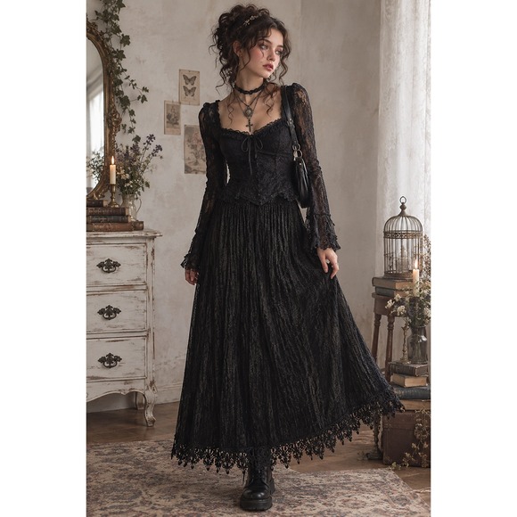 Stonebridge Dresses & Skirts - Vintage Whimsigoth Maxi Skirt Women L Lace Velvet Dark Romantic SteamPunk Black